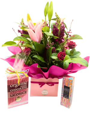 flower gift box with chocolate treats